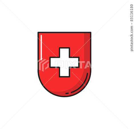 Shield with Swiss flag or cross, healthcare emblem isolated. Vector healthcare medicine cross, medical help and assistance badge, official flag. Switzerland national symbol, protection and security Shield with Swiss flag or cross, healthcare emblem isolated. Vector healthcare medicine cross, medical help and assistance badge, official flag. Switzerland national symbol, protection and security 83116180