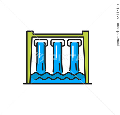 Hydropower water dam energy sources isolated color line icon. Vector barrier stops or restricts flow of water underground streams. Irrigation, consumption water source, waterfall construction 83116183