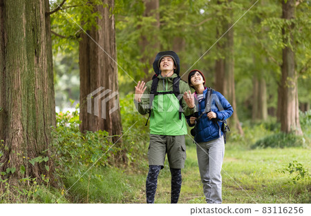 Young men and women enjoying hiking Young men and women enjoying hiking 83116256