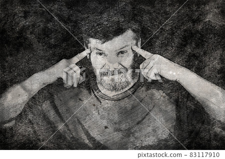 Black and white portrait of a man holding his index fingers at his temples. Middle-aged person on black background. 83117910