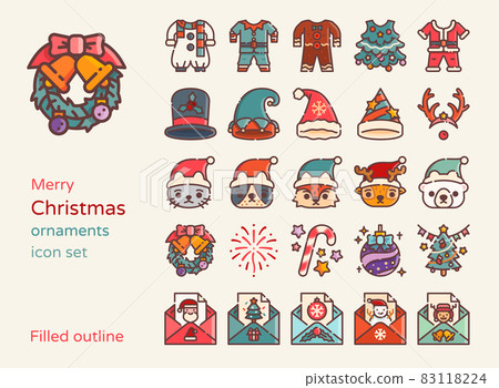 Christmas ornaments and element icon set. Filled outline detailed style Christmas ornaments and element icon set. Filled outline detailed style 83118224