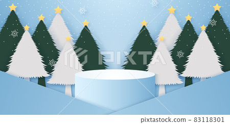 Cyan cylinder podium with snowflakes and snowfall on trees for template mockup for Christmas concept Cyan cylinder podium with snowflakes and snowfall on trees for template mockup for Christmas concept 83118301