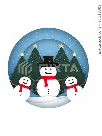 Merry Christmas Card with snowfall on Christmas trees and snowman in circular frame 83118302