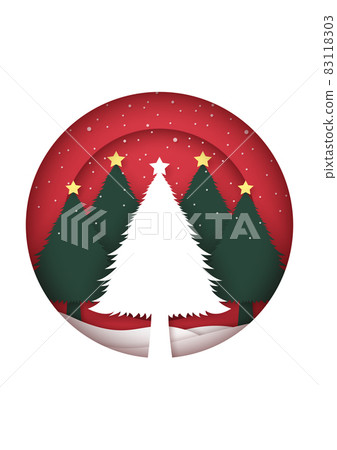 Merry Christmas Card with snowflakes and snowfall on christmas trees in circular frame 83118303