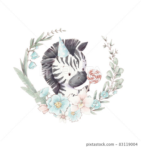 Set of cute cartoon zebra in a frame of flowers. Watercolor illustration 83119004