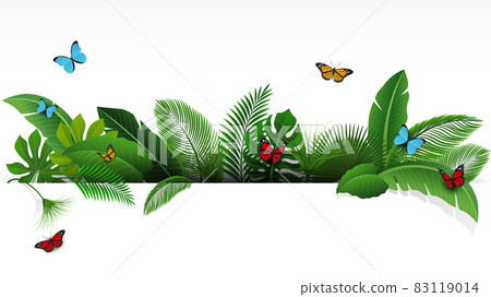 Sign with text space of Tropical Leaves and butterflies. Suitable for nature concept, vacation, and summer holiday. Vector Illustration 83119014