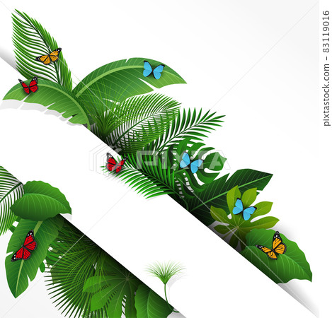 Sign with text space of Tropical Leaves and butterflies. Suitable for nature concept, vacation, and summer holiday. Vector Illustration 83119016