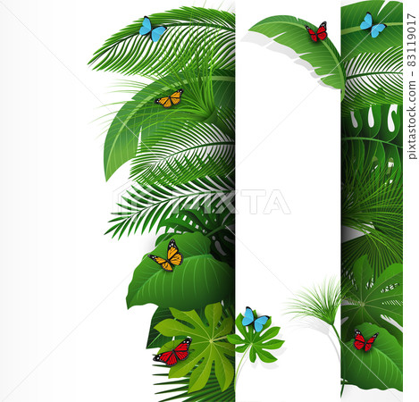 Sign with text space of Tropical Leaves and butterflies. Suitable for nature concept, vacation, and summer holiday. Vector Illustration 83119017