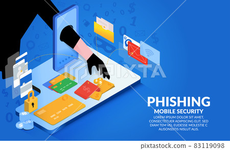 The hacker hands extending from the phone to steal money.Hacking credit cards, passwords and personal information.Cyber banking account attack and email phishing concept. Isometric illustrator vector. The hacker hands extending from the phone to steal money.Hacking credit cards, passwords and personal information.Cyber banking account attack and email phishing concept. Isometric illustrator vector. 83119098