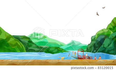 Lake and mountain landscape handwritten watercolor style illustration 83120015