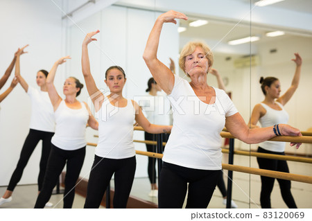 Group of women perform the battement tendu movement, standing in a ballet stance near the barre 83120069
