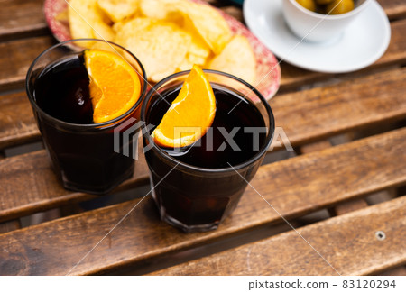 Vermouth drink with tapas, popular spanish aperitif 83120294