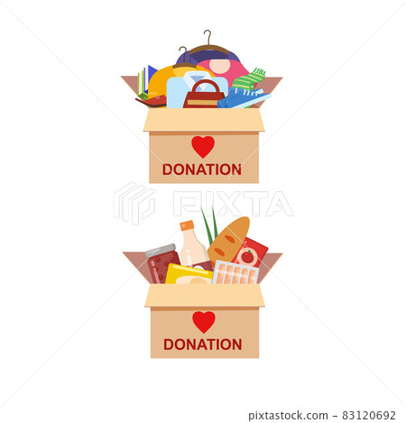 Donation cardboard boxes with clothes, food, wear, books, shoes for refugees. Help for refugees, poor kids. Awareness and charity concept, vector, illustration flat cartoon style Donation cardboard boxes with clothes, food, wear, books, shoes for refugees. Help for refugees, poor kids. Awareness and charity concept, vector, illustration flat cartoon style 83120692