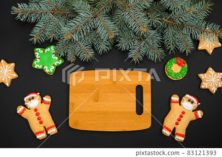 Christmas holidays food composition on black background with copy space for your text Christmas holidays food composition on black background with copy space for your text 83121393