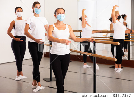 Group of multiethnic female dancers training in masks during COVID-19 pandemic Group of multiethnic female dancers training in masks during COVID-19 pandemic 83122357