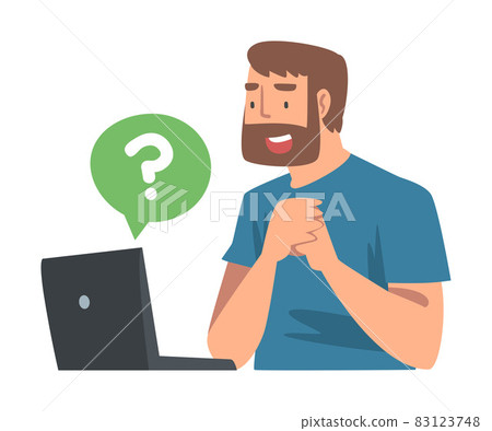 Young Bearded Man Character Asking Question Using Internet Search System on His Laptop Vector Illustration 83123748