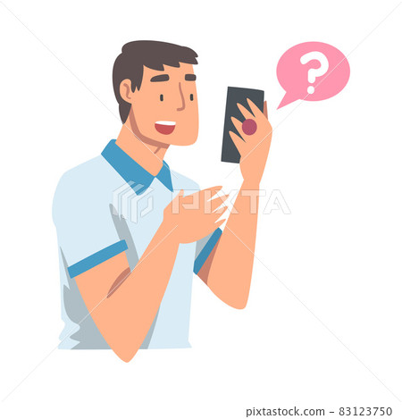 Young Man Character Asking Question Using Internet Search System on His Smartphone Vector Illustration 83123750