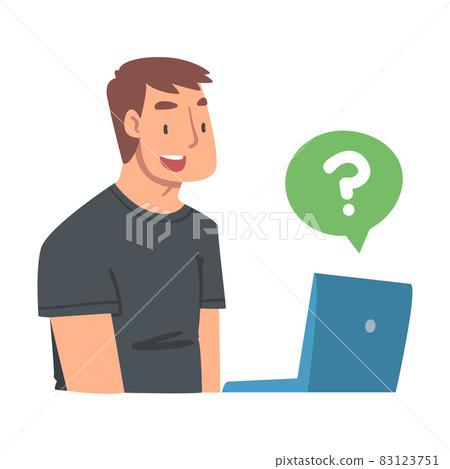Young Man Character Asking Question Using Internet Search System on His Laptop Vector Illustration 83123751