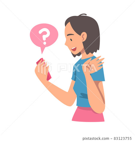 Young Woman Character Asking Question Using Internet Search System on Her Smartphone Vector Illustration 83123755