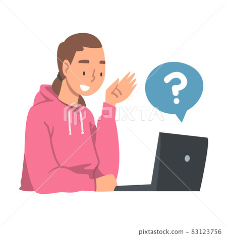 Young Woman Character Asking Question Using Internet Search System on Her Laptop Vector Illustration Young Woman Character Asking Question Using Internet Search System on Her Laptop Vector Illustration 83123756