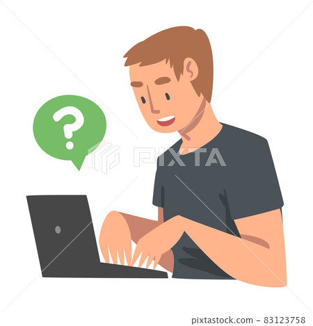 Young Man Character Asking Question Using Internet Search System on His Laptop Vector Illustration Young Man Character Asking Question Using Internet Search System on His Laptop Vector Illustration 83123758