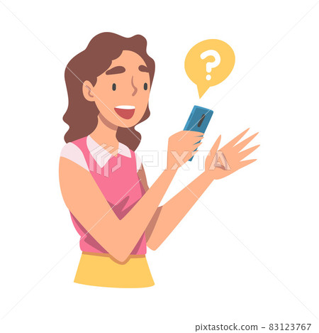 Young Woman Character Asking Question Using Internet Search System on Her Smartphone Vector Illustration 83123767