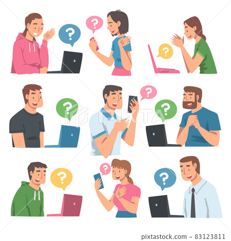 People Character Asking Question Using Internet Search System on Their Smartphone and Laptop Vector Set 83123811