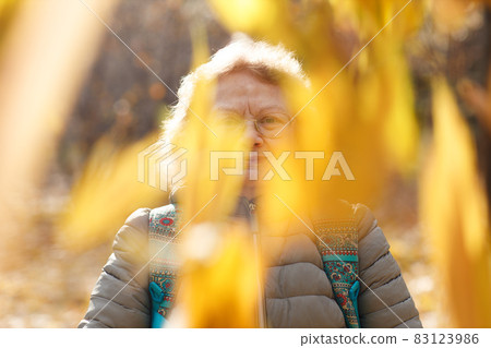 Adult mature fall woman throw up autumn leaves outside in colorful fall forest. Adult mature fall woman throw up autumn leaves outside in colorful fall forest. 83123986