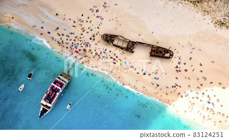 Aerial drone view of the Ionian Sea coast of Zakynthos, Greece 83124251