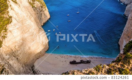 Aerial drone view of the Ionian Sea coast of Zakynthos, Greece 83124261