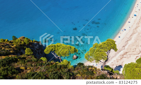 Aerial drone view of the Ionian Sea coast of Zakynthos, Greece 83124275