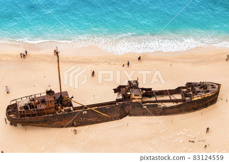 Aerial drone view of the Ionian Sea coast of Zakynthos, Greece 83124559