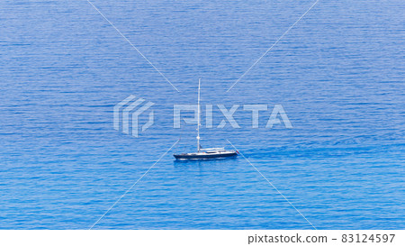Aerial drone view of floating yacht near the coast of Zakynthos, Greece 83124597