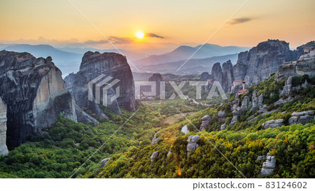 Aerial drone view of the Meteora in Greece at sunset Aerial drone view of the Meteora in Greece at sunset 83124602