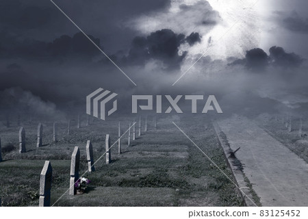 Tombstones on the graveyard with full moon background 83125452