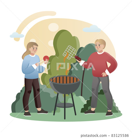 Family Barbecue. Isolated flat style colored illustration. School lessons. Couple on vacation in the park. 83125586