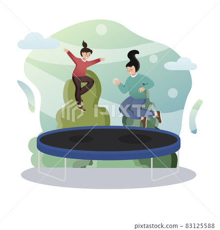Trampoline. Isolated flat style colored illustration. School lessons. Mom and daughter jump on a trampoline. 83125588