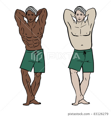 Asian romance gray man in bodybuilding pose, abdominal and rhino shorts 83126279