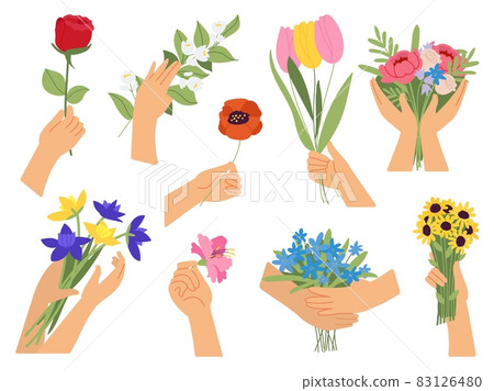 Hands holding flowers. Flower bouquet in women hand, cartoon blossom spring kit. Decorative botanical bunch, florist store decent vector collection 83126480