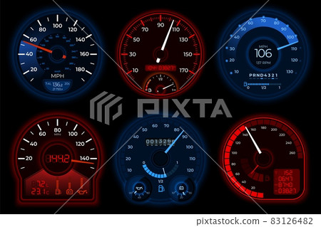 Car speedometers. Racing speedometer, speed scales in auto. Car dashboard, fast accelerate interface. Abstract motorbike, vehicle recent vector elements 83126482