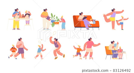 Motherhood. Baby mother, parent cook with daughter. Happy woman play with child, family doing sport, reading, cooking and walking, utter vector set 83126492