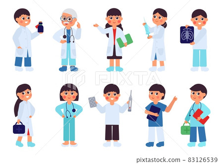 Doctor characters. Kawaii medical people, cute cartoon hospital team. Man woman wear uniform and holding medications, isolated decent vector set Doctor characters. Kawaii medical people, cute cartoon hospital team. Man woman wear uniform and holding medications, isolated decent vector set 83126539