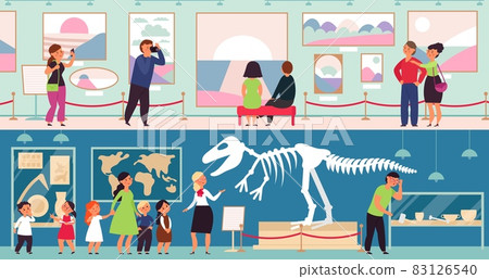 People in museum. Cultural kids, art gallery. Adults and children looking dinosaur skeleton, abstract exhibit visitors. Exhibitions decent vector concept People in museum. Cultural kids, art gallery. Adults and children looking dinosaur skeleton, abstract exhibit visitors. Exhibitions decent vector concept 83126540