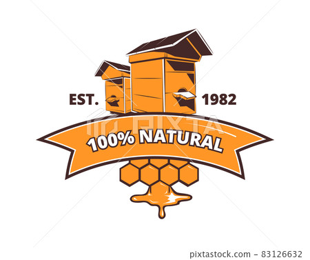 Dripping honey and hive logo. Vintage beekeeper emblem, isolated rural market. New harves jar sticker for sweet dessert vector element Dripping honey and hive logo. Vintage beekeeper emblem, isolated rural market. New harves jar sticker for sweet dessert vector element 83126632