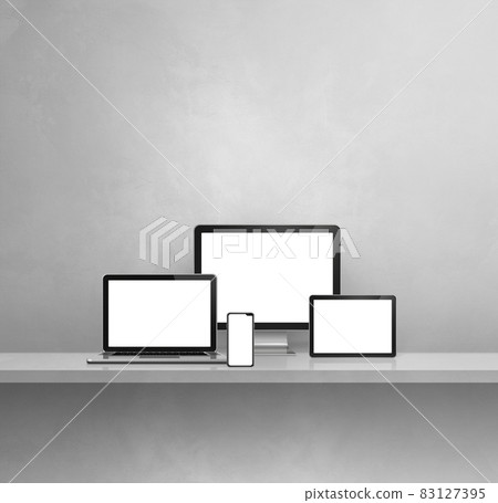 Computer, laptop, mobile phone and digital tablet pc. Grey shelf background 83127395