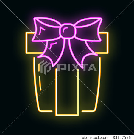 Concept happy new year, merry christmas present box, glow neon xmas label holiday winter time icon flat vector illustration, isolated on black. Concept happy new year, merry christmas present box, glow neon xmas label holiday winter time icon flat vector illustration, isolated on black. 83127556