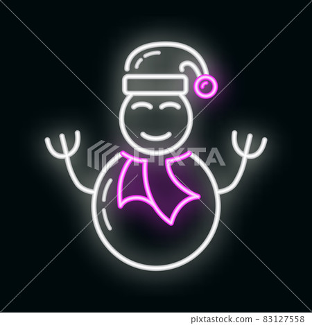 Concept happy new year, merry christmas snowman icon, neon glow xmas label holiday winter time flat vector illustration, isolated on black. Concept happy new year, merry christmas snowman icon, neon glow xmas label holiday winter time flat vector illustration, isolated on black. 83127558