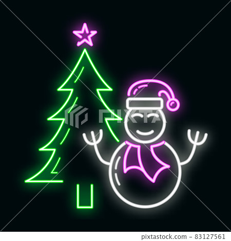 Concept happy new year and merry christmas neon glow style icon, xmas label holiday winter time flat vector illustration, isolated on black. 83127561