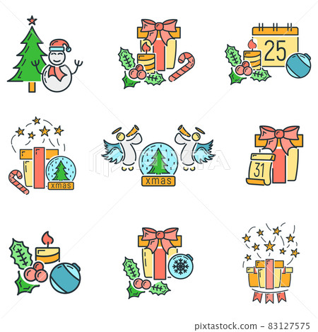 Concept happy new year and merry christmas line cartoon icon, xmas label holiday winter time flat vector illustration, isolated on white. Concept happy new year and merry christmas line cartoon icon, xmas label holiday winter time flat vector illustration, isolated on white. 83127575