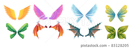 Mythology wings. Fantasy flying creatures monsters medieval fairy tale dragons or birds body parts big colored wings exact vector cartoon collection Mythology wings. Fantasy flying creatures monsters medieval fairy tale dragons or birds body parts big colored wings exact vector cartoon collection 83128205